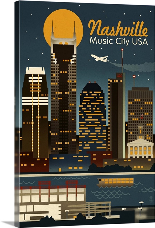 Retro Skyline, Nashville, Tennessee Wall Art, Canvas Prints, Framed Prints, Wall Peels Great