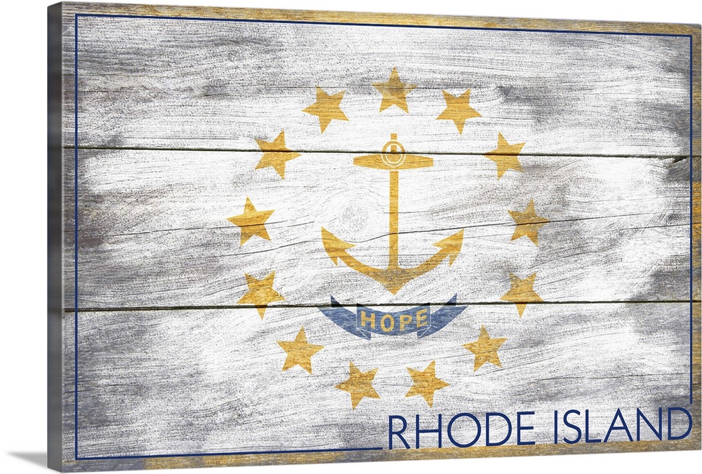 The flag of Rhode Island with a weathered wooden board effect.