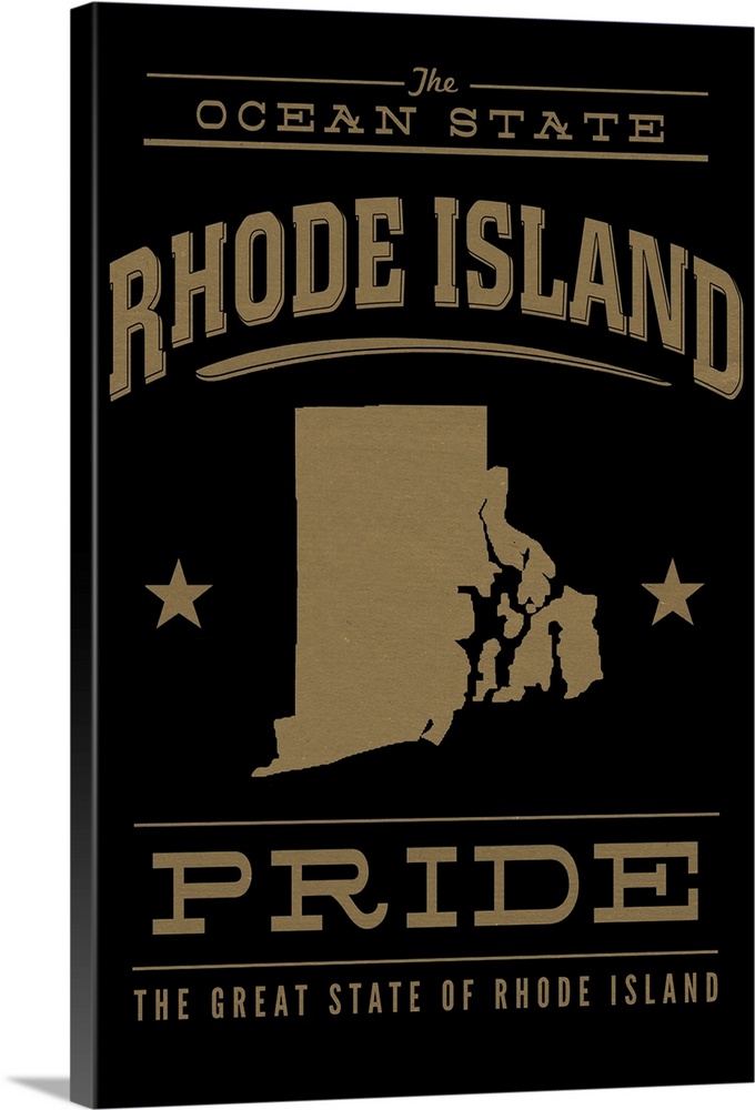 The Rhode Island state outline on black with gold text.