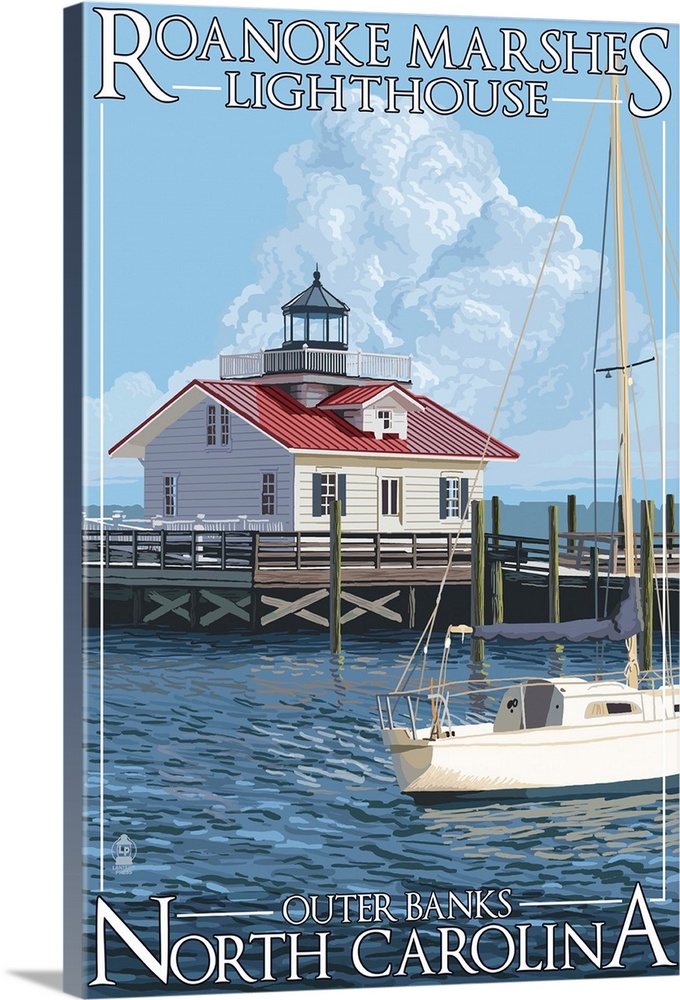 Roanoke Marshes Lighthouse - Outer Banks, North Carolina: Retro Travel Poster