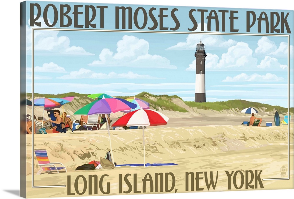 Retro stylized art poster of a beach scene with umbrellas stuck in the sand, and a lighthouse in the background.