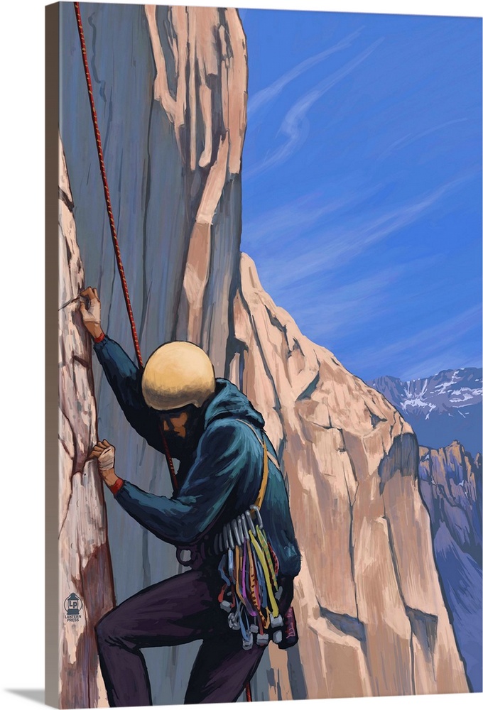 Retro stylized art poster of a rock climber scaling a cliff.