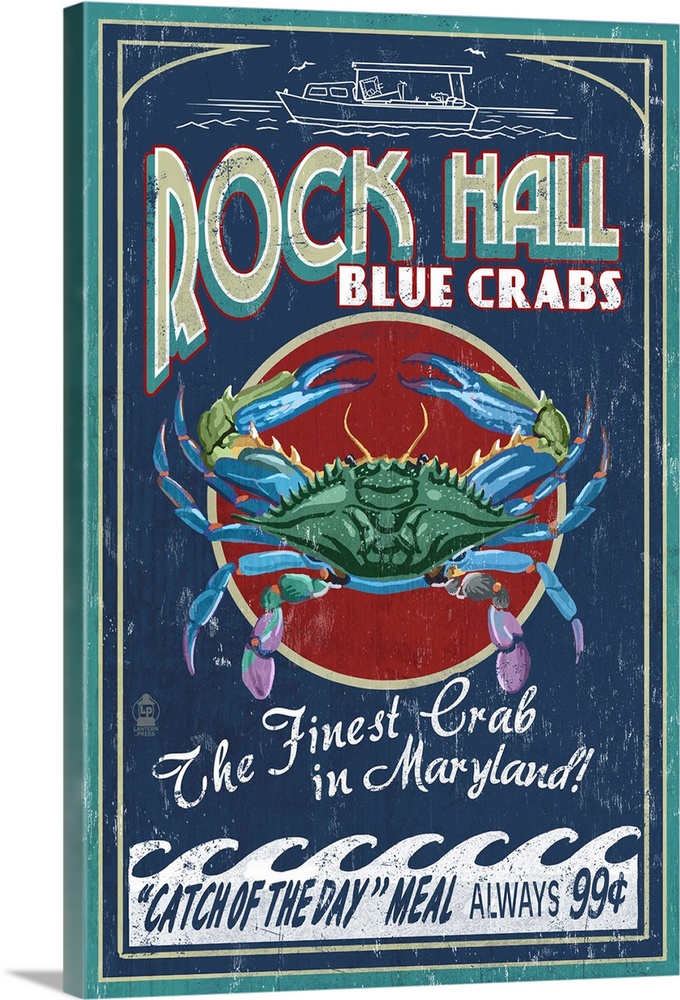 Rock Hall, Maryland - Blue Crabs Vintage Sign: Retro Travel Poster