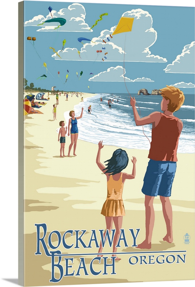 Rockaway Beach, Oregon - Kite Flyers: Retro Travel Poster