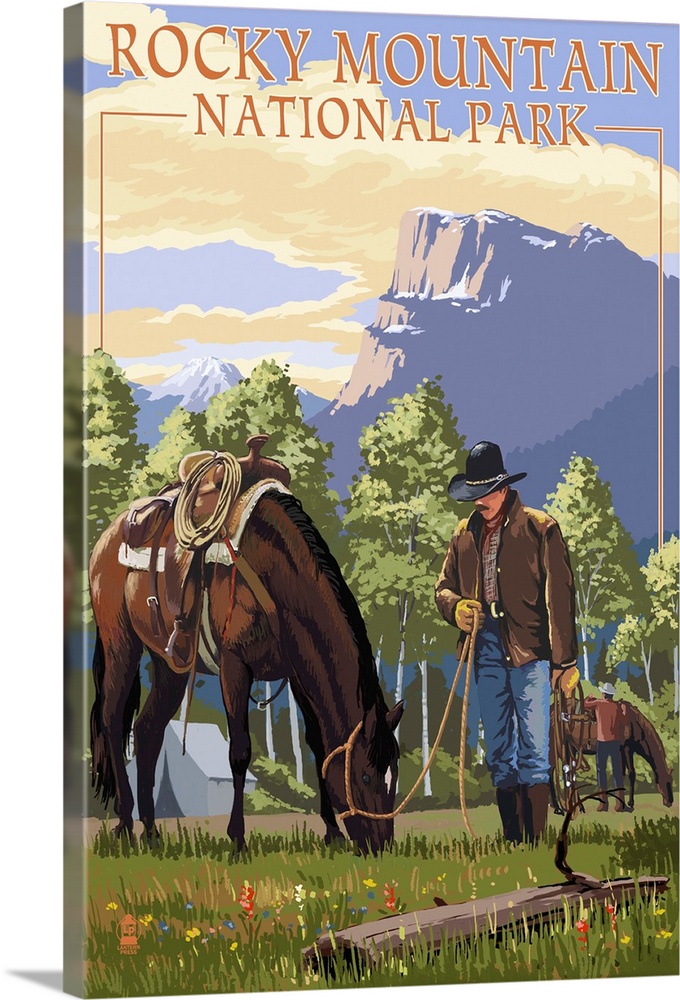 Rocky Mountain National Park, Colorado - Cowboy and Horse in Spring: Retro Travel Poster