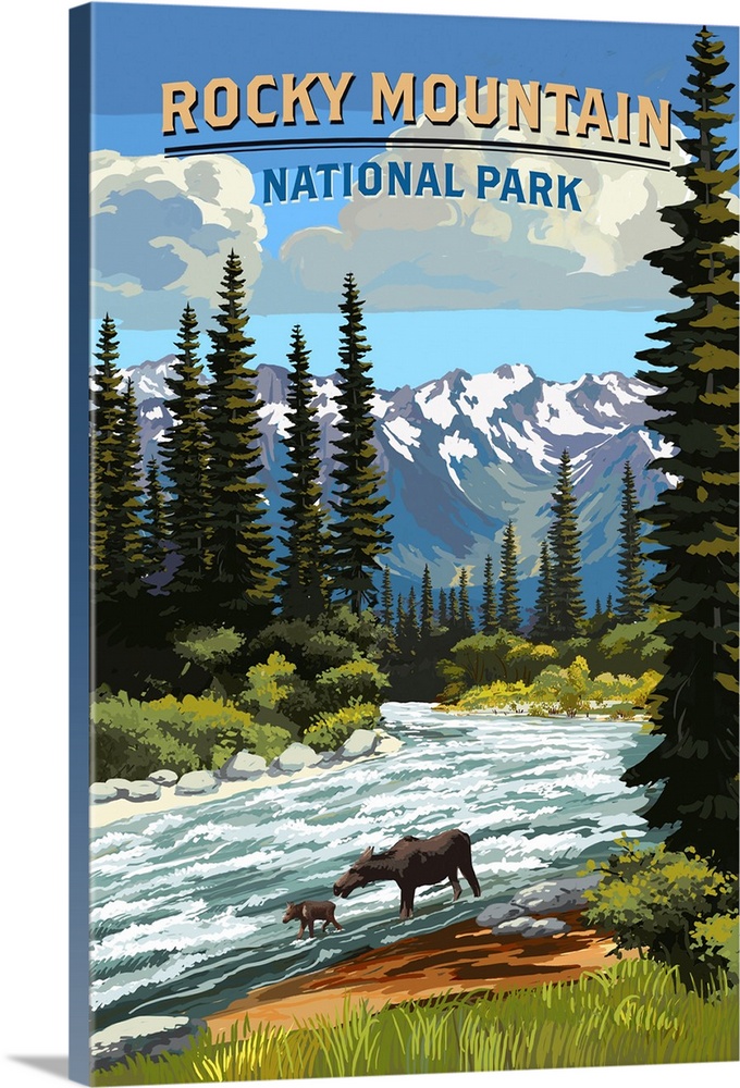 Rocky Mountain National Park, Moose And Calf: Retro Travel Poster