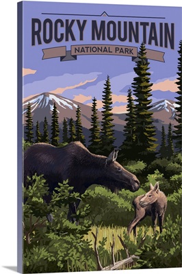Rocky Mountain National Park, Moose And Calf: Retro Travel Poster