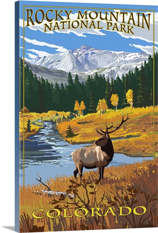 Rocky Mountain National Park, Moose In Field: Retro Travel Poster ...