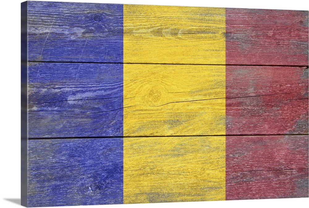 The flag of Romania with a weathered wooden board effect.