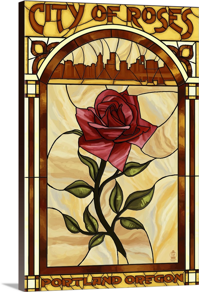 Rose and Skyline Stained Glass - Portland, Oregon: Retro Travel Poster