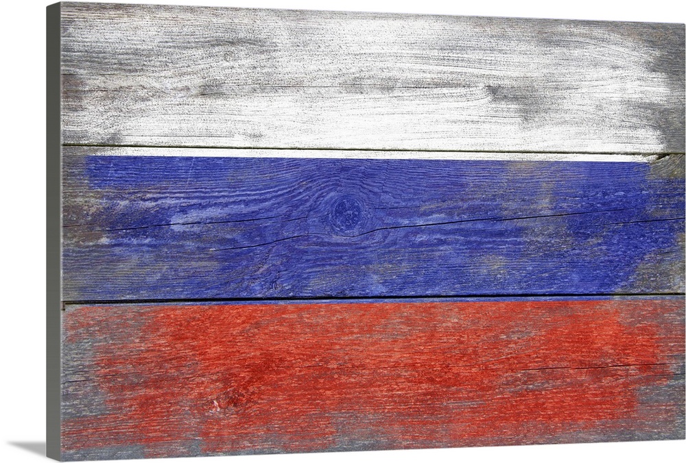 The flag of Russia with a weathered wooden board effect.