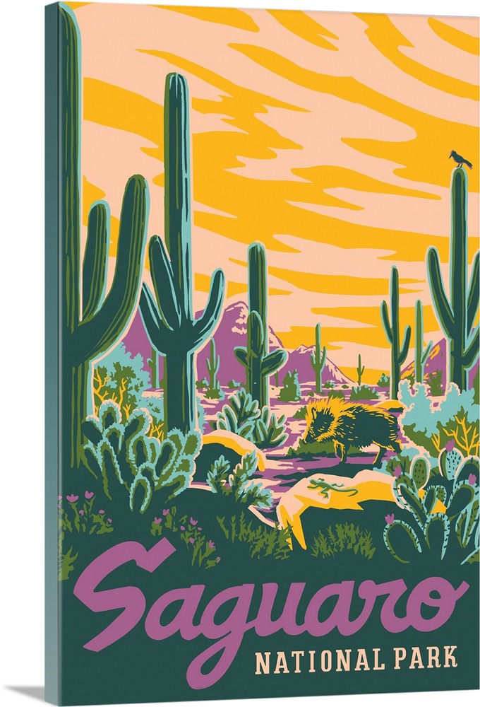 Saguaro National Park, Jewel Toned Landscape: Graphic Travel Poster