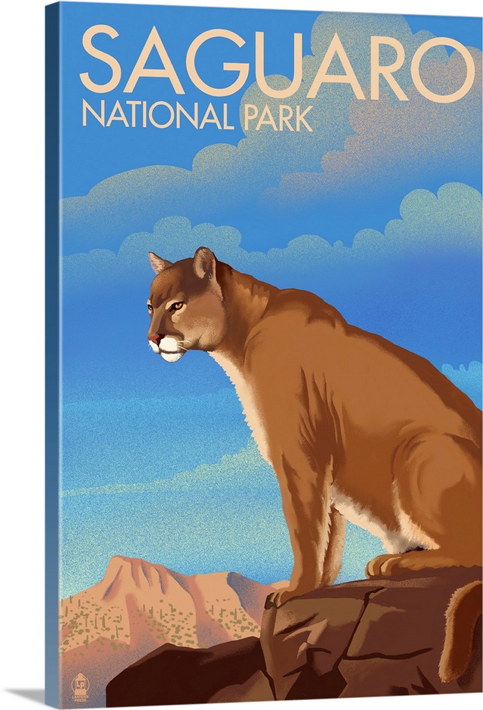 Saguaro National Park, Mountain Lion: Retro Travel Poster