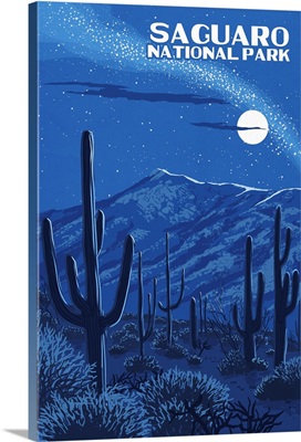 Saguaro National Park, Night Desert: Retro Travel Poster