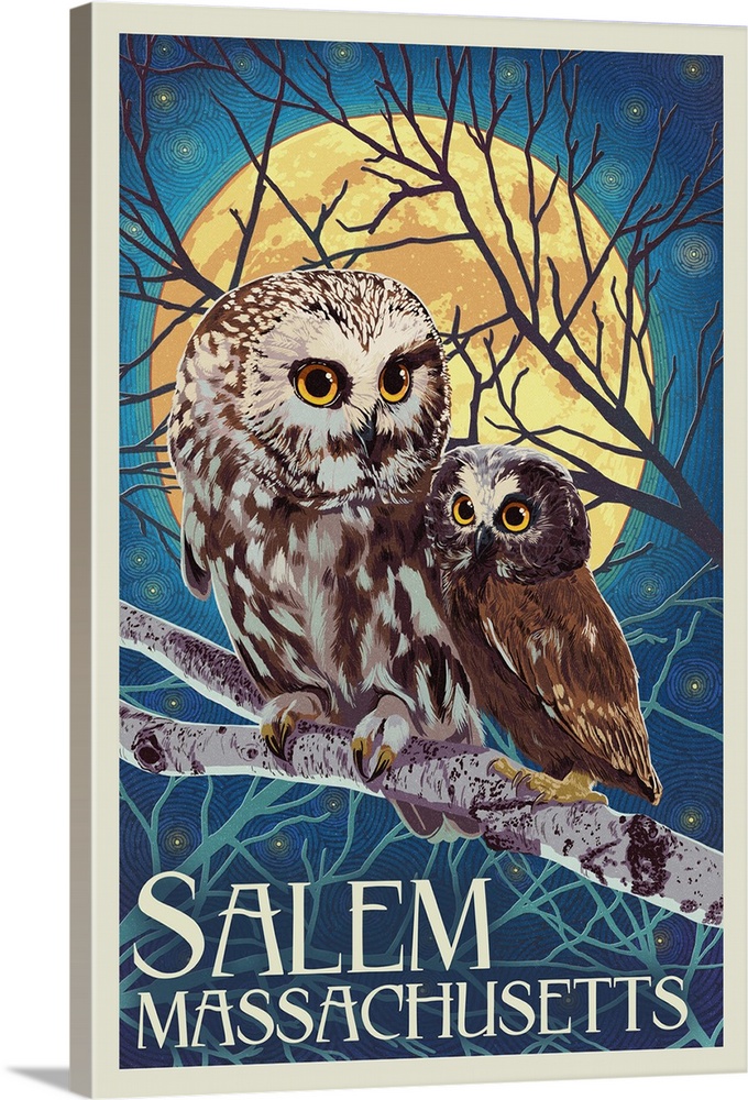 Salem, Massachusetts - Owl and Owlet - Letterpress: Retro Travel Poster