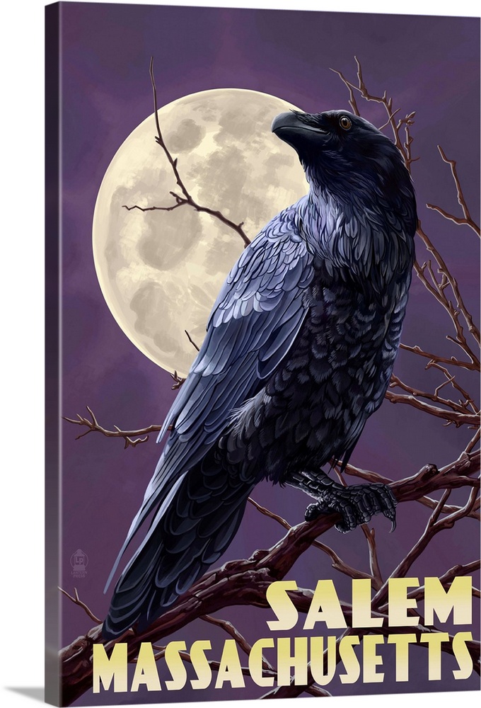 Salem, Massachusetts - Raven and Moon Purple Sky: Retro Travel Poster