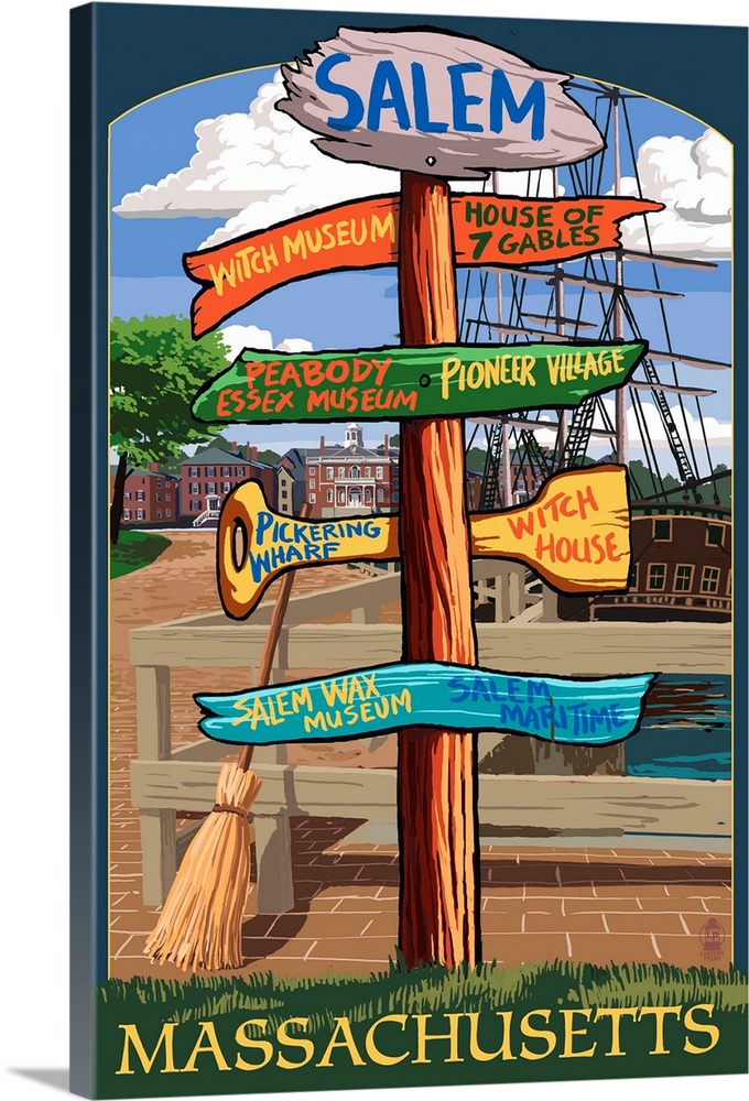 Retro stylized art poster of a sign post showing signs for multiple directions.