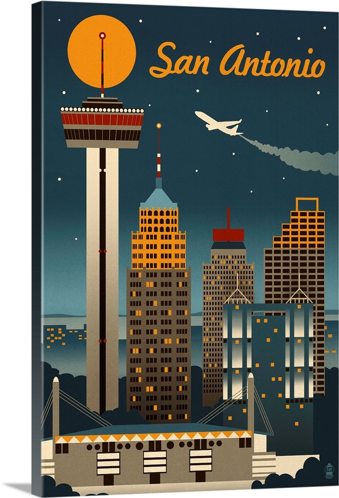 San Antonio, Texas - Retro Skyline: Retro Travel Poster