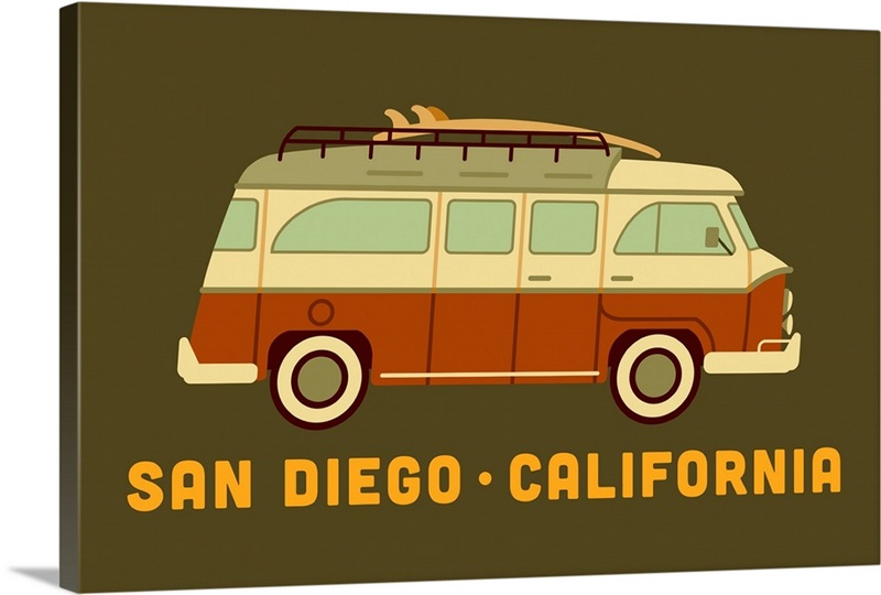 San Diego, California - Camper Van with Surfboard - Geometric | Great ...