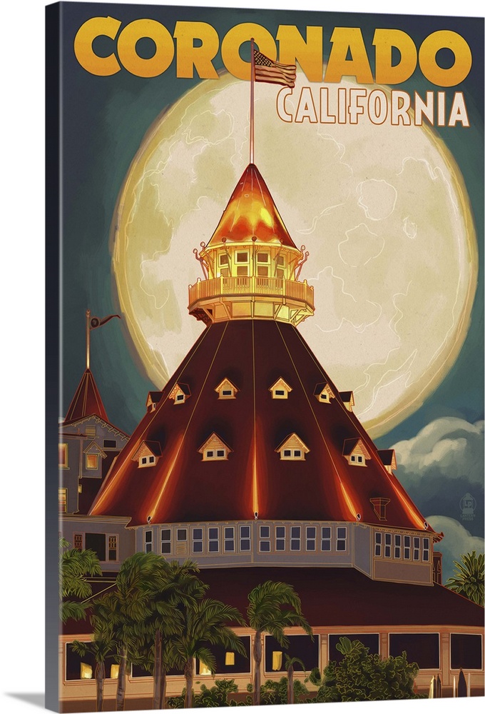 San Diego, California - Hotel Del Coronado and Moon: Retro Travel Poster