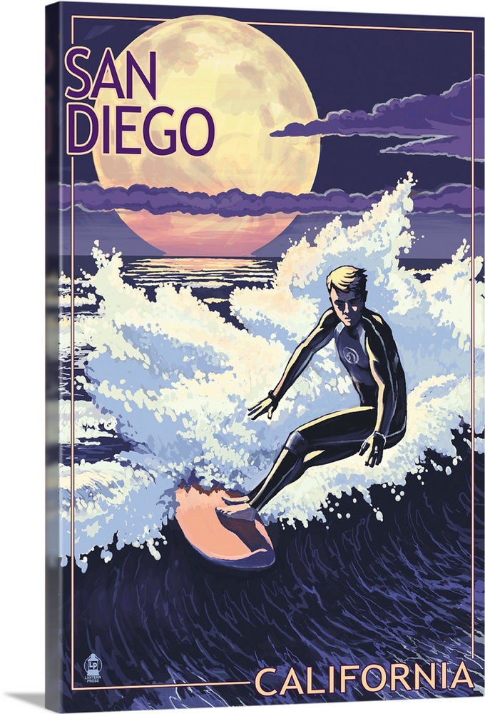 San Diego, California - Night Surfer: Retro Travel Poster