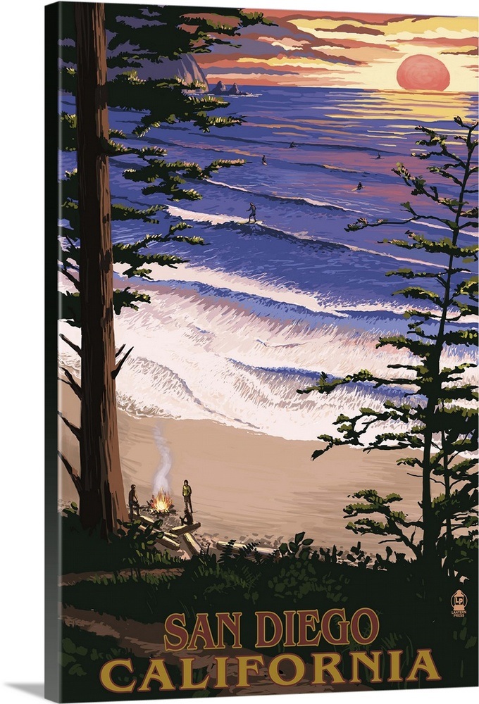 San Diego, California - Ocean and Sunset: Retro Travel Poster Wall Art ...