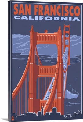 San Francisco, California - Golden Gate Bridge: Retro Travel Poster