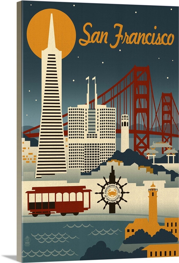 San Francisco, California, Retro Skyline Wall Art, Canvas Prints ...