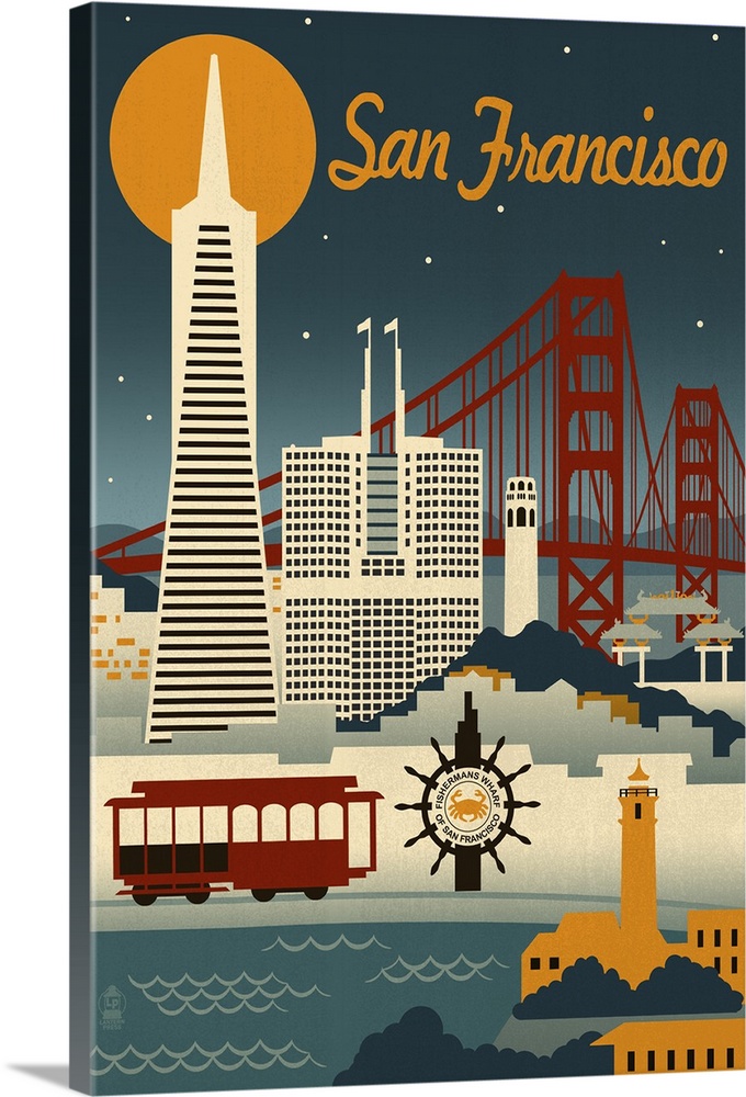 San Francisco, California - Retro Skyline: Retro Travel Poster