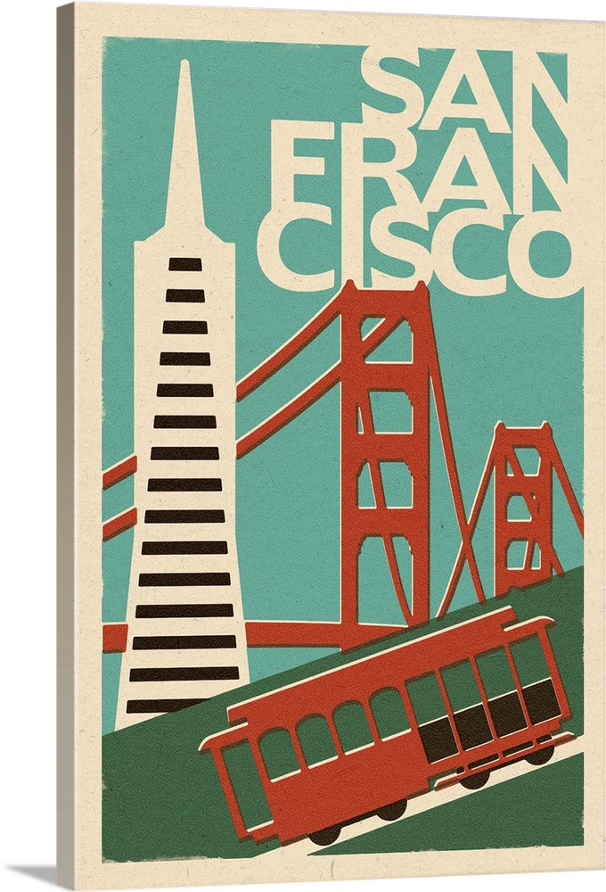 San Francisco, California - Woodblock: Retro Travel Poster