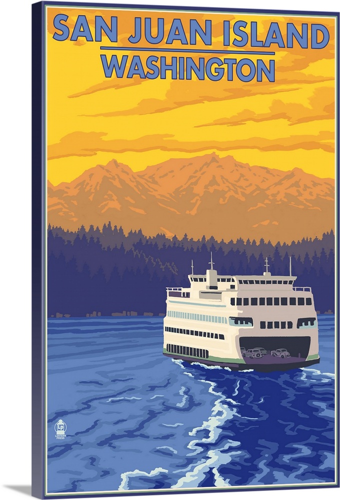 San Juan Island, Washington - Ferry and Mountains: Retro Travel Poster