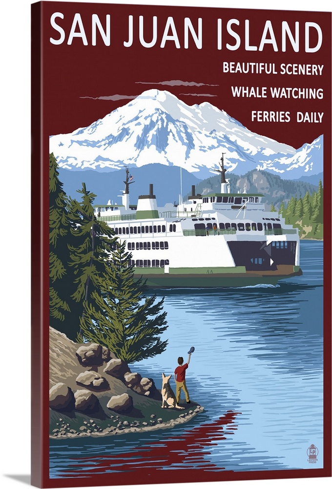 San Juan Island, Washington - Ferry in Passage: Retro Travel Poster