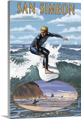 San Simeon, CA - Surfer with Inset -  : Retro Travel Poster