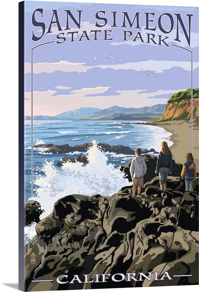 Retro stylized art poster of a group of people standing on rocks looking out over the ocean.