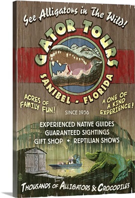 Sanibel, Florida - Alligator Tours Vintage Sign: Retro Travel Poster