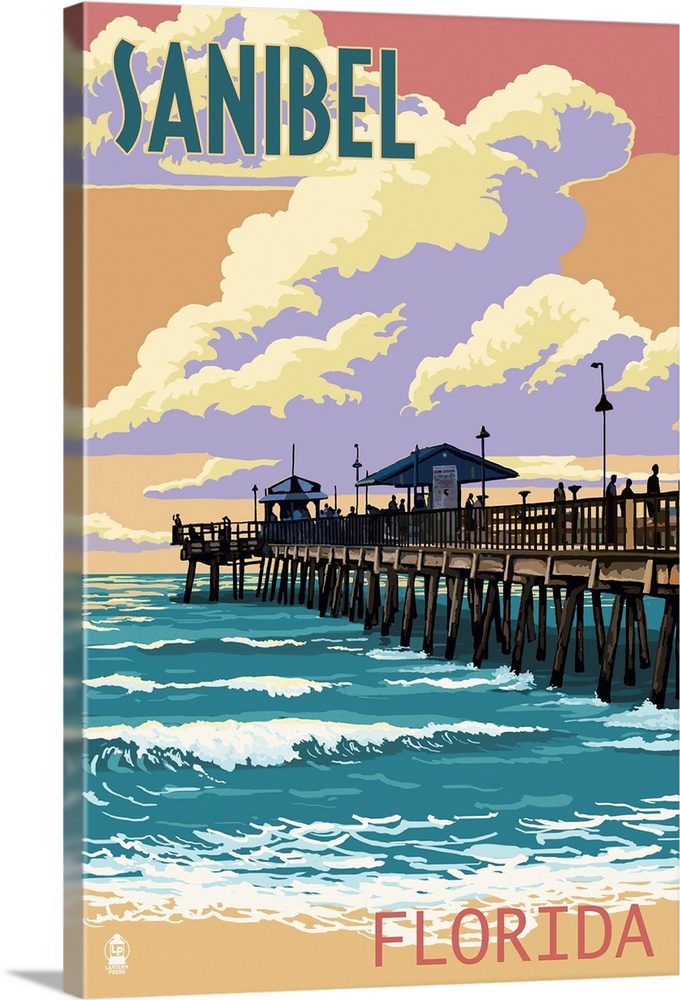 Sanibel, Florida - Pier and Sunset: Retro Travel Poster
