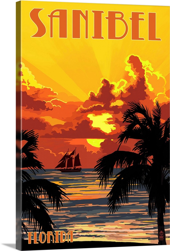 Sanibel, Florida - Sunset and Ship: Retro Travel Poster