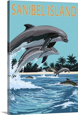 Sanibel Island, Florida - Dolphins Jumping: Retro Travel Poster