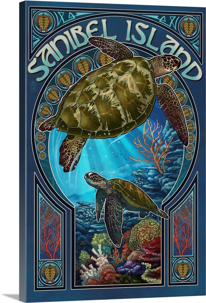 Sanibel Island, Florida - Sea Turtle Art Nouveau: Retro Travel Poster