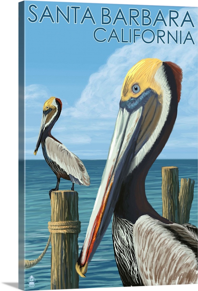 Retro stylized art poster of two pelicans on wooden posts.