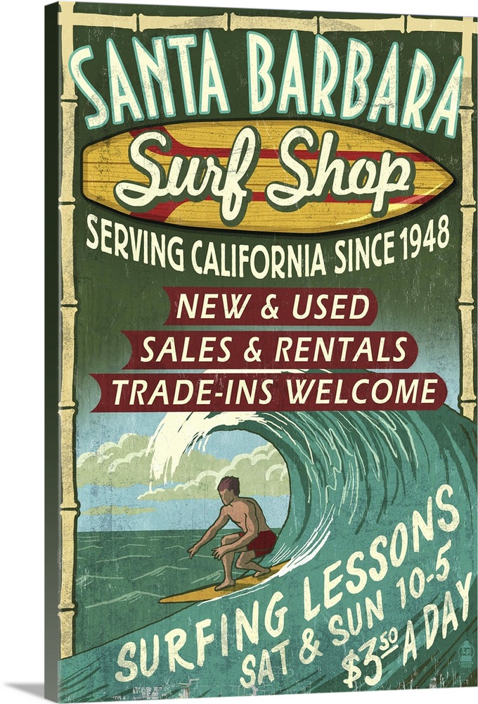 Santa Barbara, California - Surf Shop Vintage Sign: Retro Travel Poster