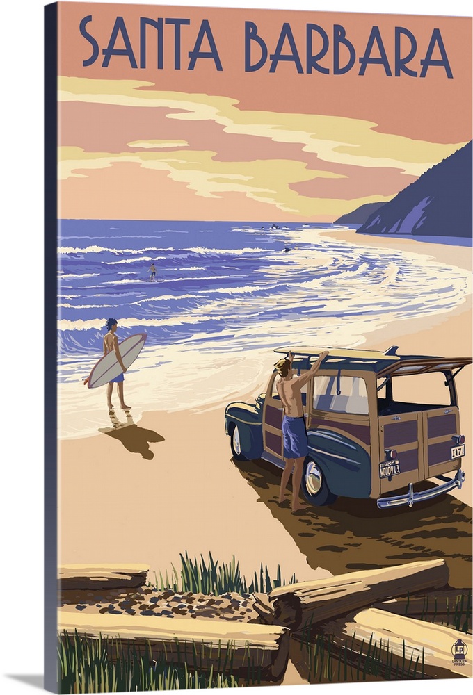Santa Barbara, California - Woody on Beach: Retro Travel Poster