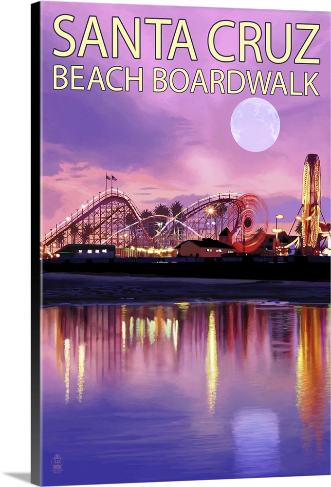 Santa Cruz, California - Beach Boardwalk and Moon at Twilight: Retro Travel Poster