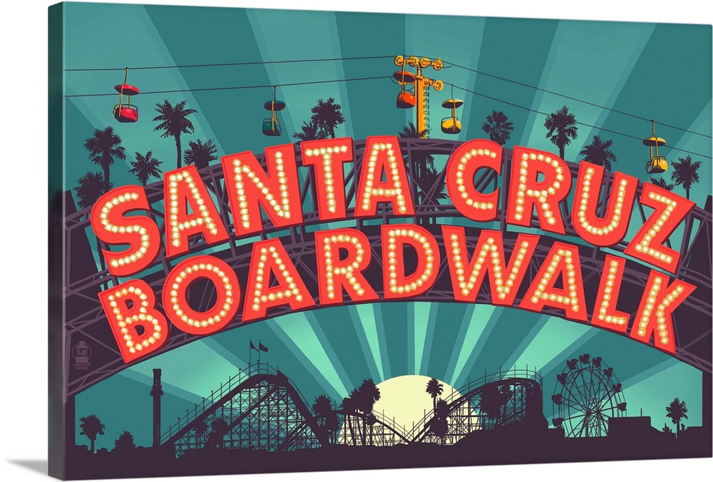 Santa Cruz, California - Beach Boardwalk Sign at Night: Retro Travel Poster