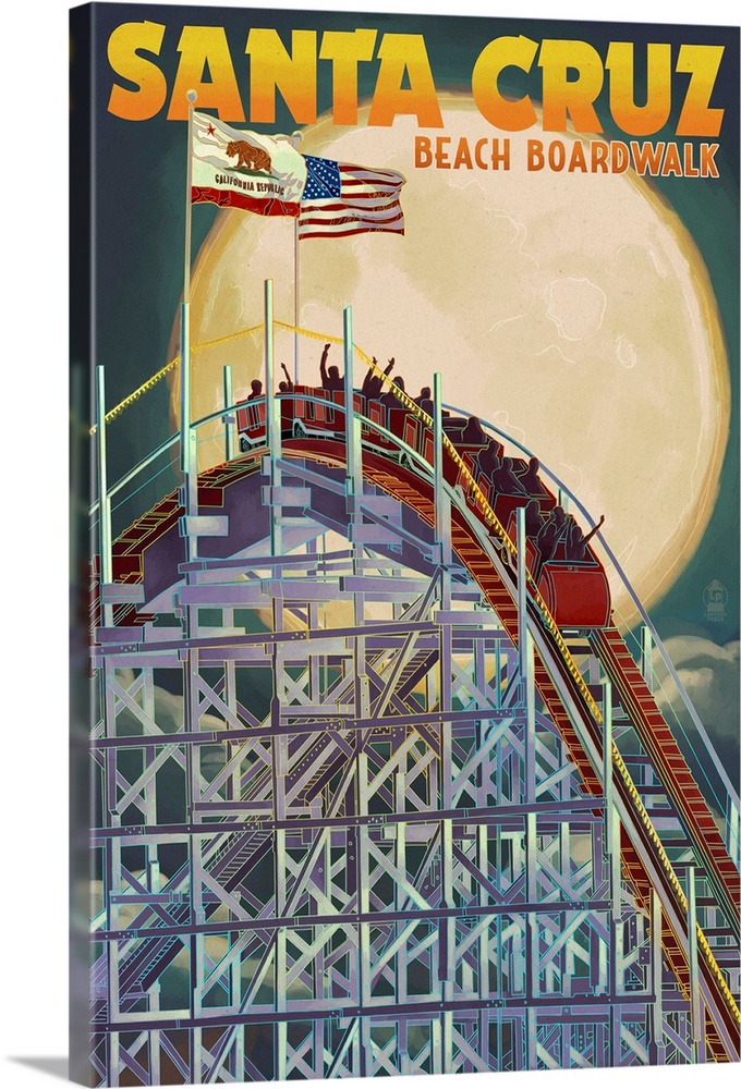 Santa Cruz, California - Big Dipper Coaster and Moon: Retro Travel Poster