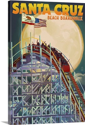Santa Cruz, California - Big Dipper Coaster and Moon: Retro Travel Poster