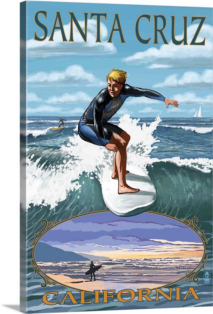 Retro stylized art poster of a surfer riding a wave. With a vignette of a surfer walking along the beach at the bottom of ...