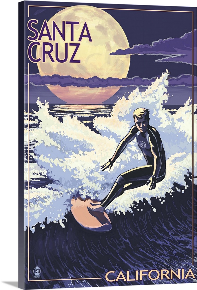 Retro stylized art poster of a surfer riding a wave at night, with a giant moon in the sky.