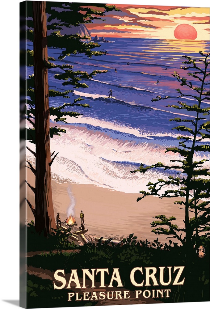Santa Cruz, California - Pleasure Point Sunset and Surfers: Retro Travel Poster