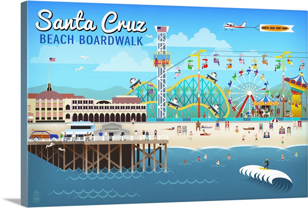 Santa Cruz, California - Retro Scene: Retro Travel Poster